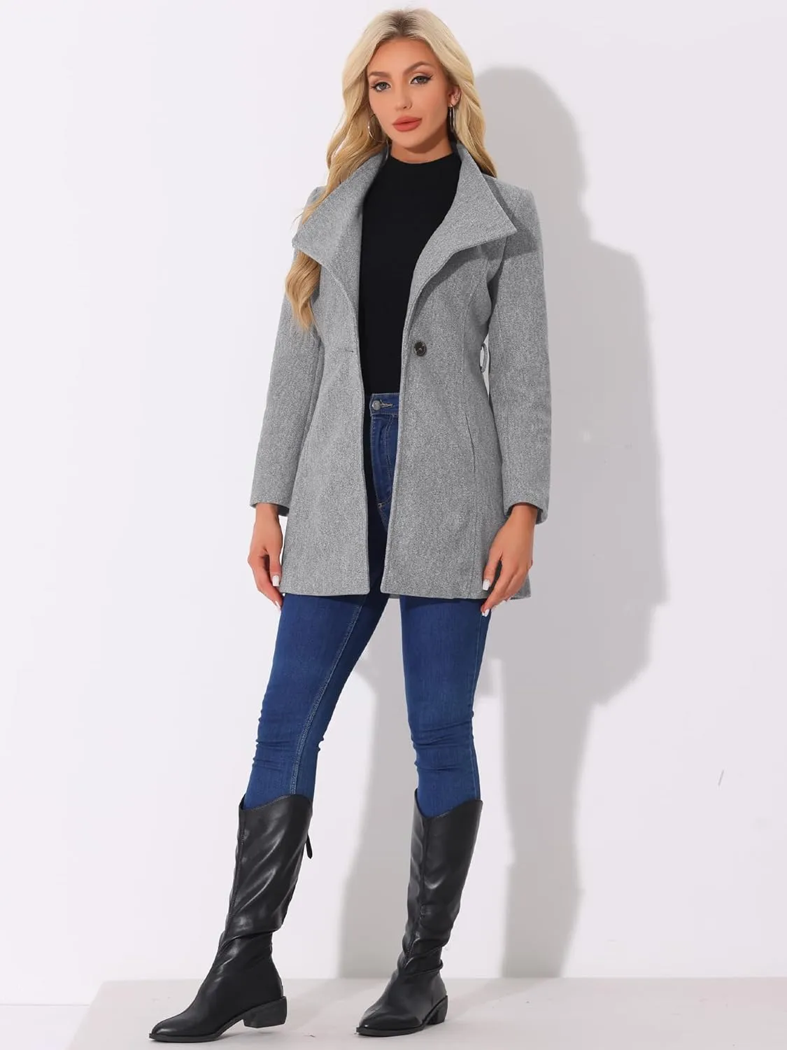 Allegra K Women's Classic Stand Collar Long Sleeve Winter Belted Long Coat