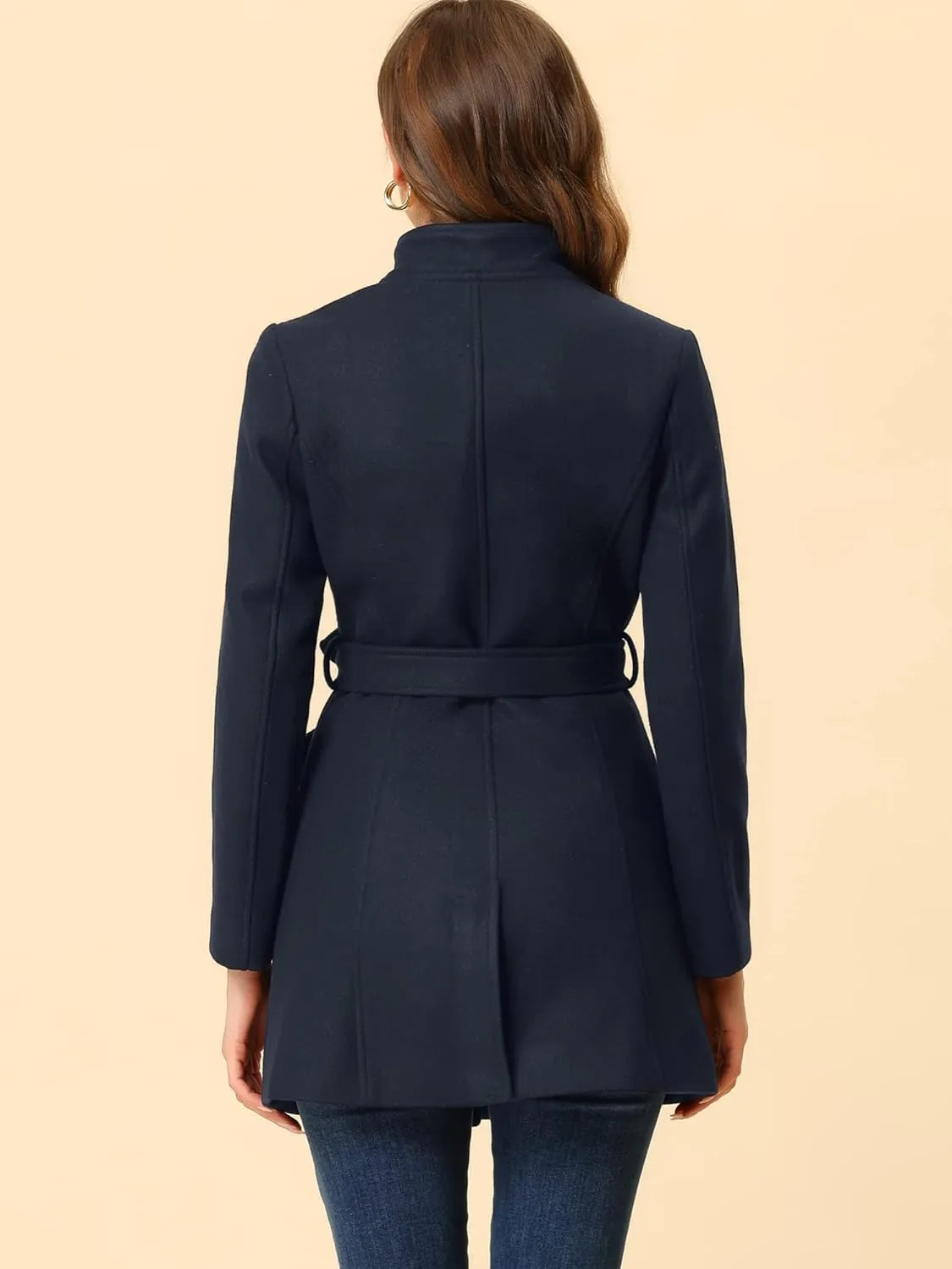 Allegra K Women's Classic Stand Collar Long Sleeve Winter Belted Long Coat