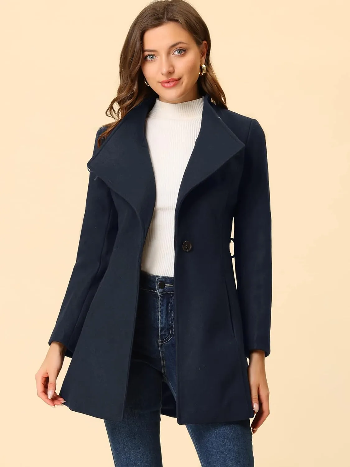 Allegra K Women's Classic Stand Collar Long Sleeve Winter Belted Long Coat