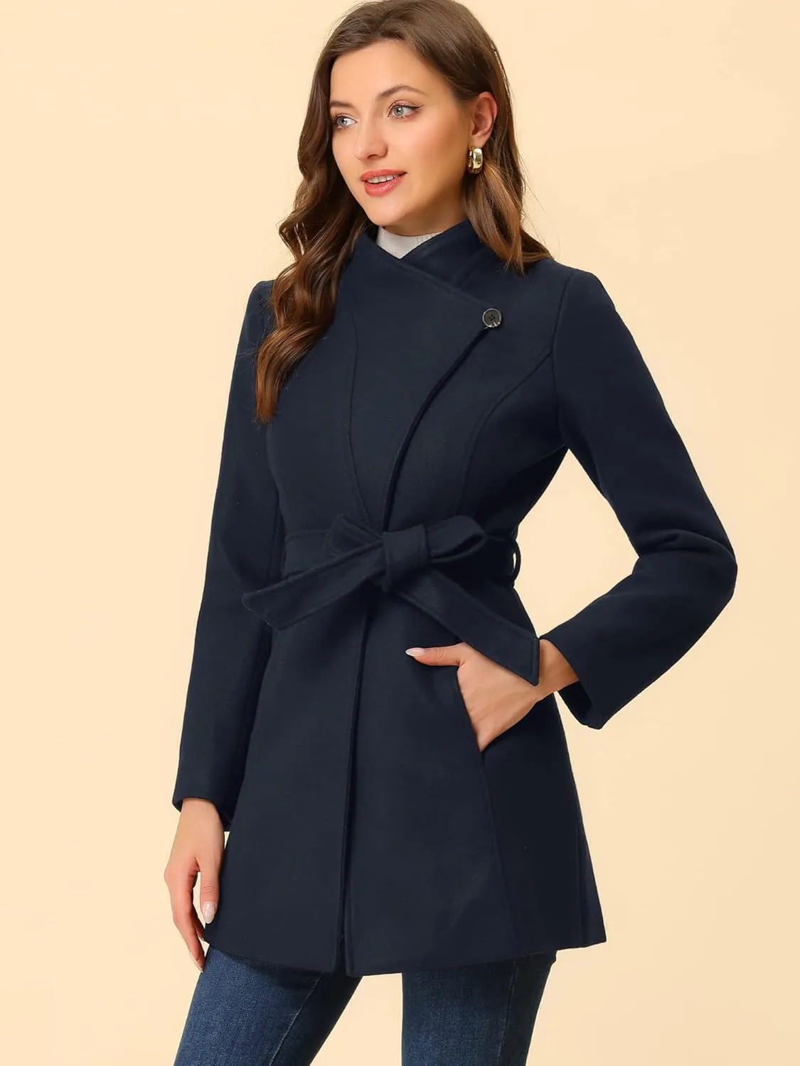 Allegra K Women's Classic Stand Collar Long Sleeve Winter Belted Long Coat