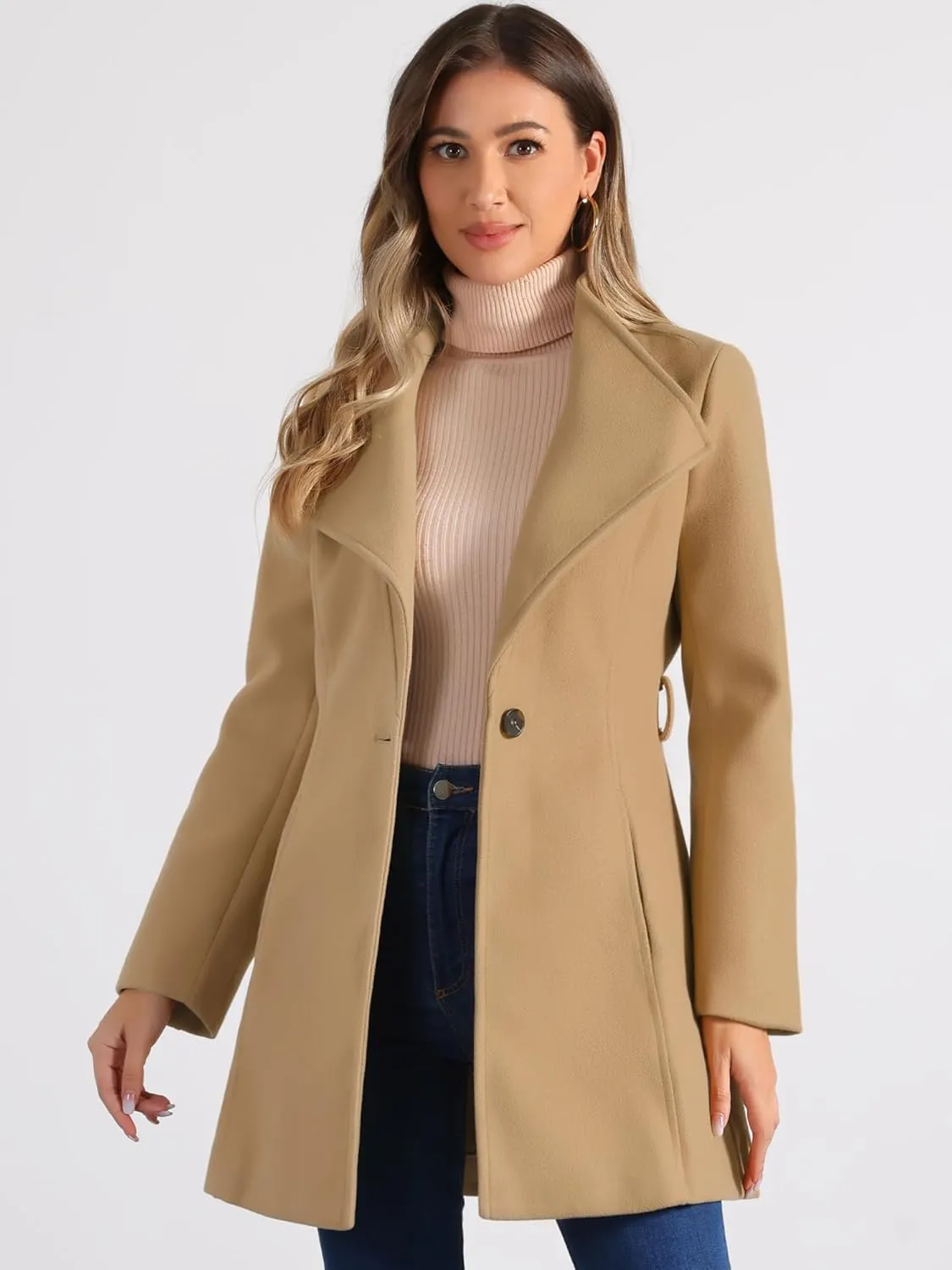 Allegra K Women's Classic Stand Collar Long Sleeve Winter Belted Long Coat