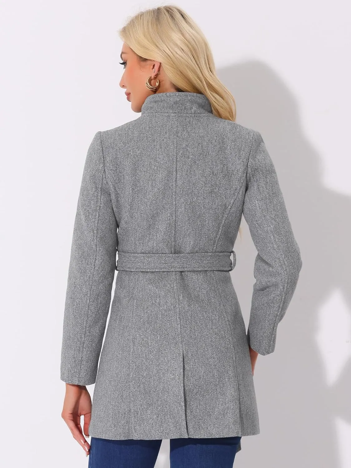 Allegra K Women's Classic Stand Collar Long Sleeve Winter Belted Long Coat