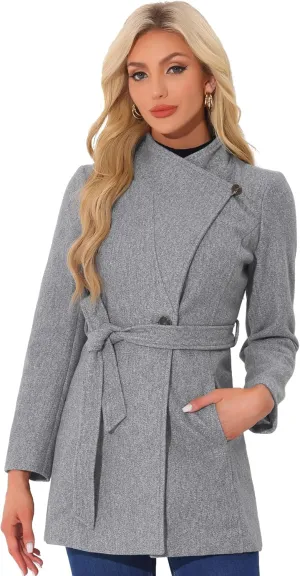 Allegra K Women's Classic Stand Collar Long Sleeve Winter Belted Long Coat