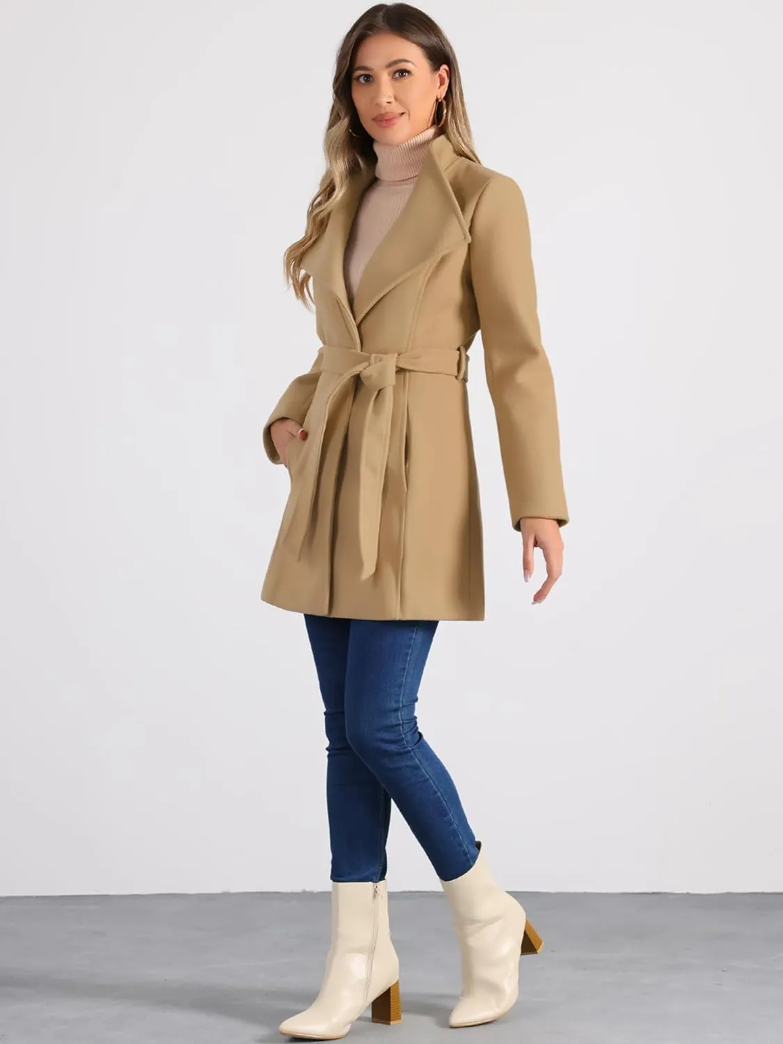 Allegra K Women's Classic Stand Collar Long Sleeve Winter Belted Long Coat