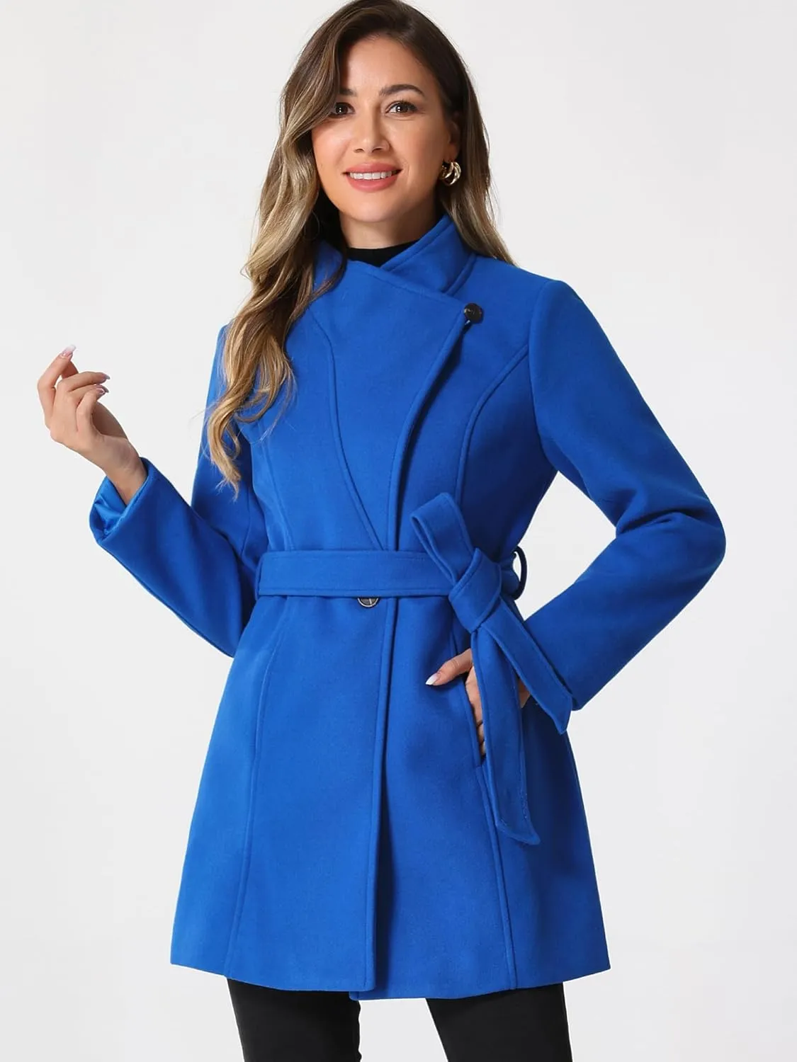 Allegra K Women's Classic Stand Collar Long Sleeve Winter Belted Long Coat