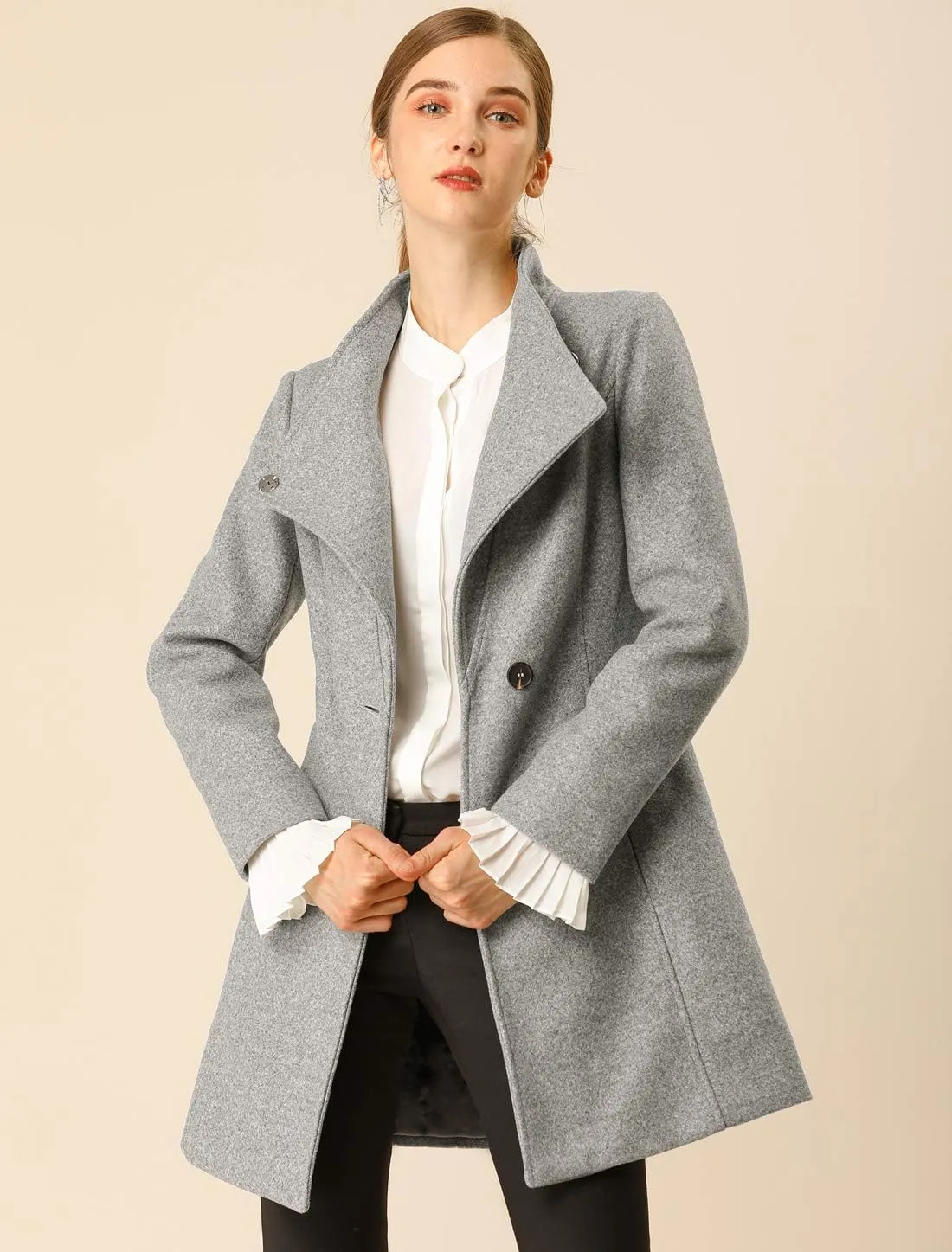Allegra K Women's Classic Stand Collar Long Sleeve Winter Belted Long Coat
