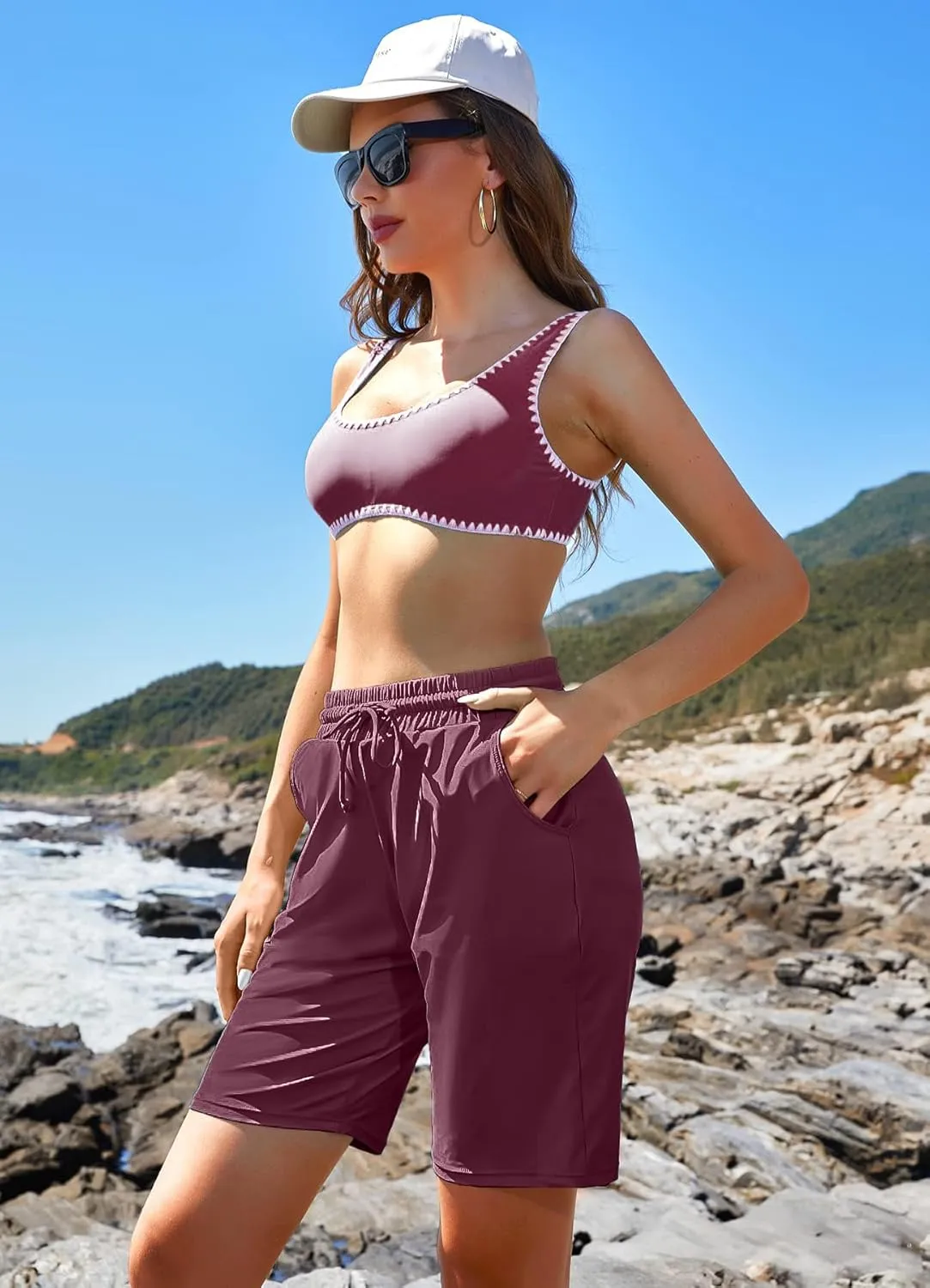 ALove Women's 9" Swim Shorts High Waisted Swim Board Shorts with Pockets UPF 50  Swimsuit Bottoms Built-in Brief