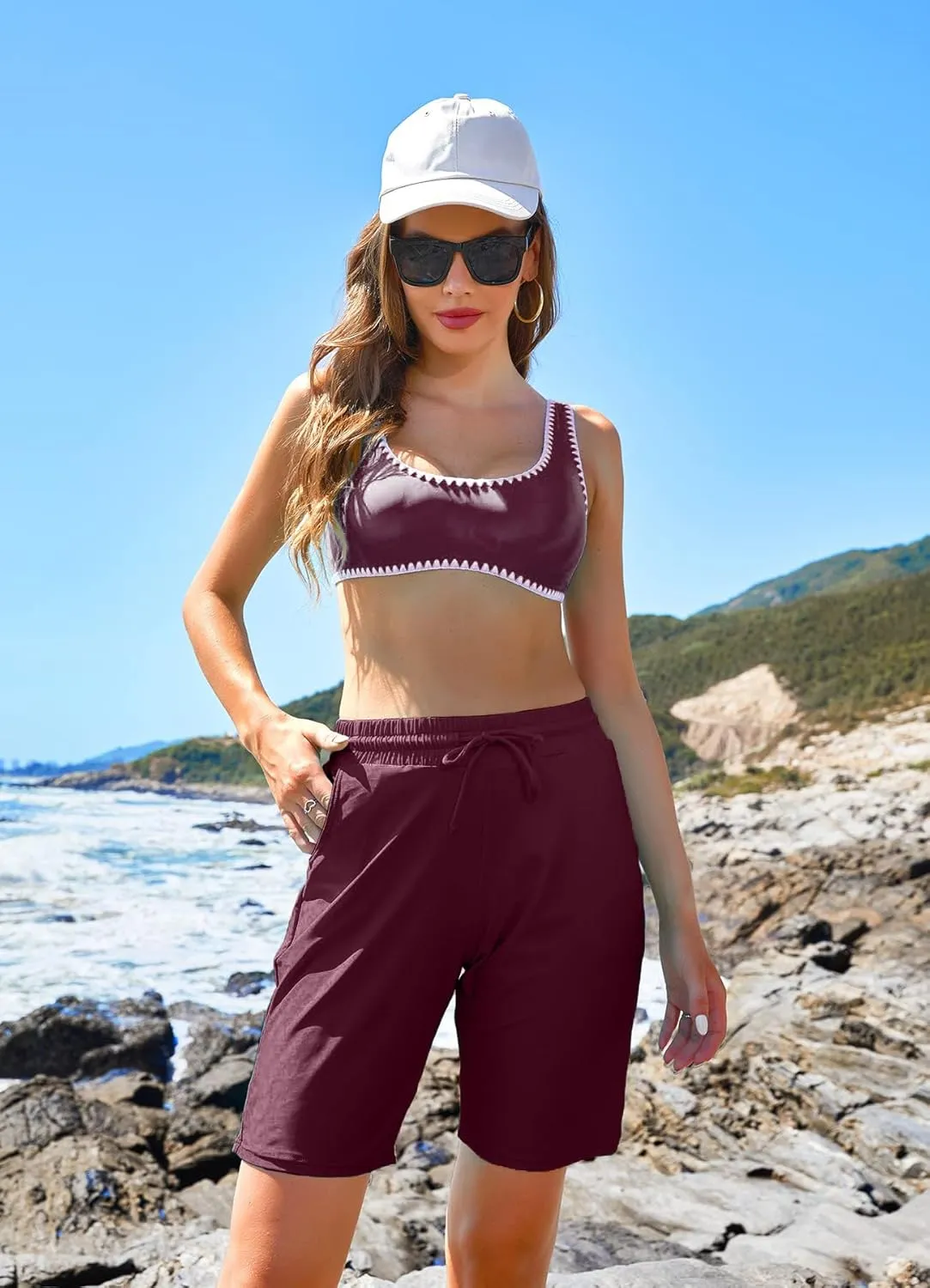 ALove Women's 9" Swim Shorts High Waisted Swim Board Shorts with Pockets UPF 50  Swimsuit Bottoms Built-in Brief