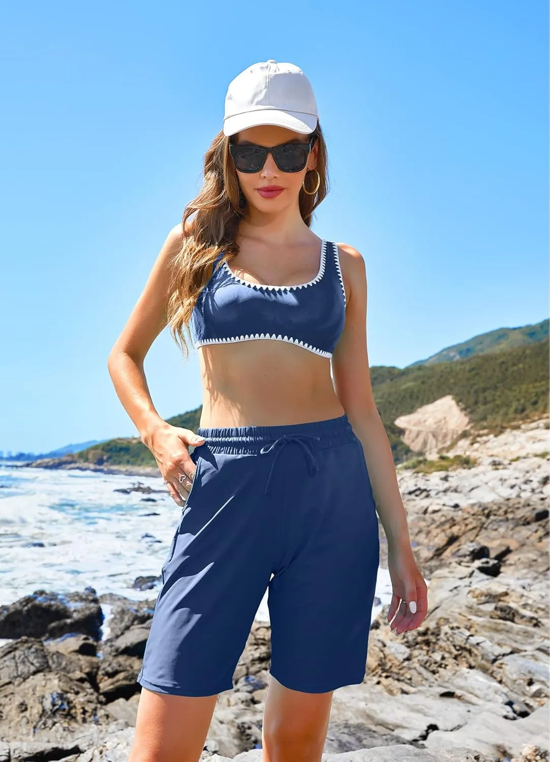 ALove Women's 9" Swim Shorts High Waisted Swim Board Shorts with Pockets UPF 50  Swimsuit Bottoms Built-in Brief