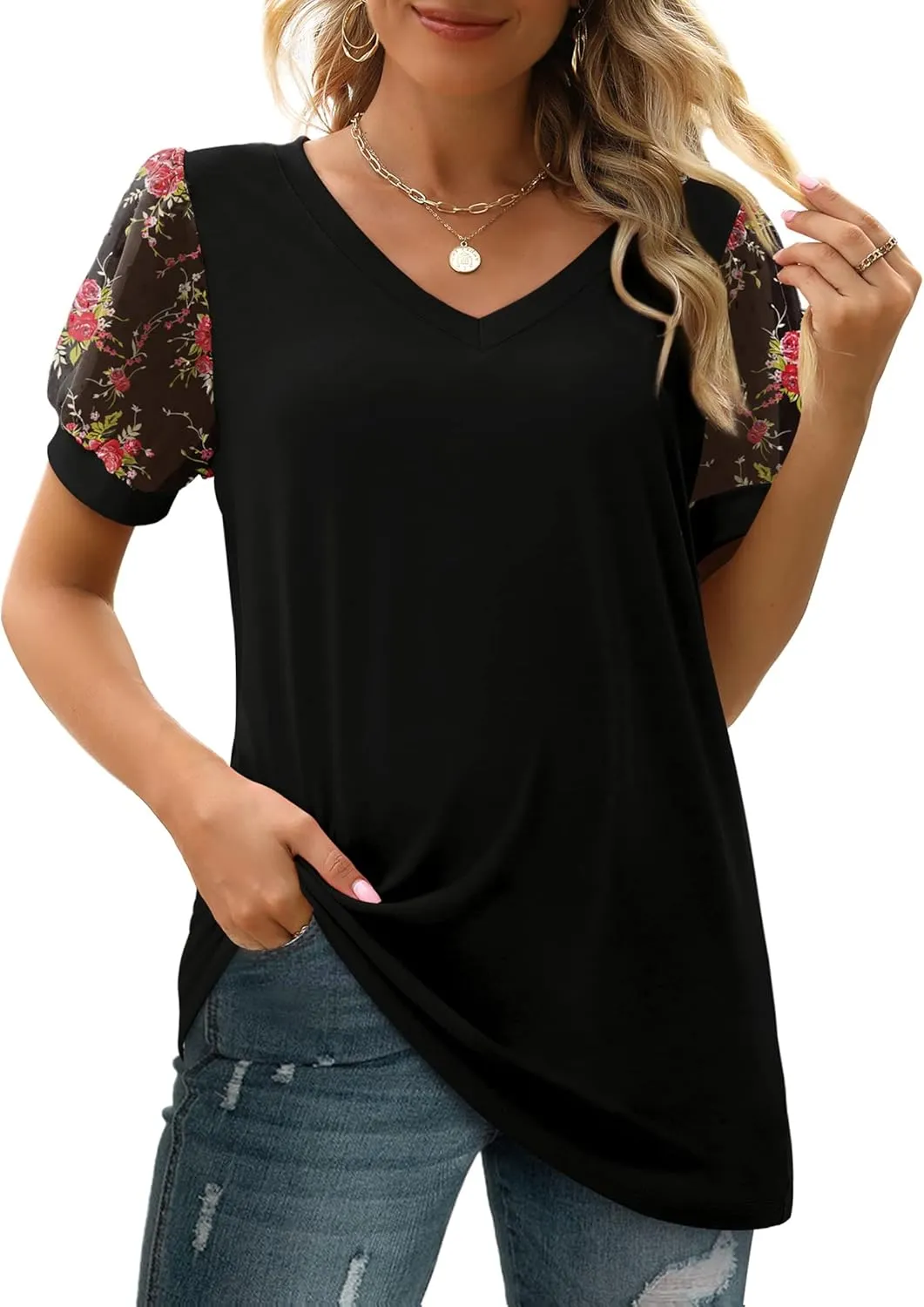 Aokosor Womens Summer Tops V Neck T Shirts Swiss Dot Puff Sleeve Tops Loose Casual Tshirts