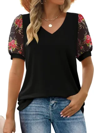 Aokosor Womens Summer Tops V Neck T Shirts Swiss Dot Puff Sleeve Tops Loose Casual Tshirts