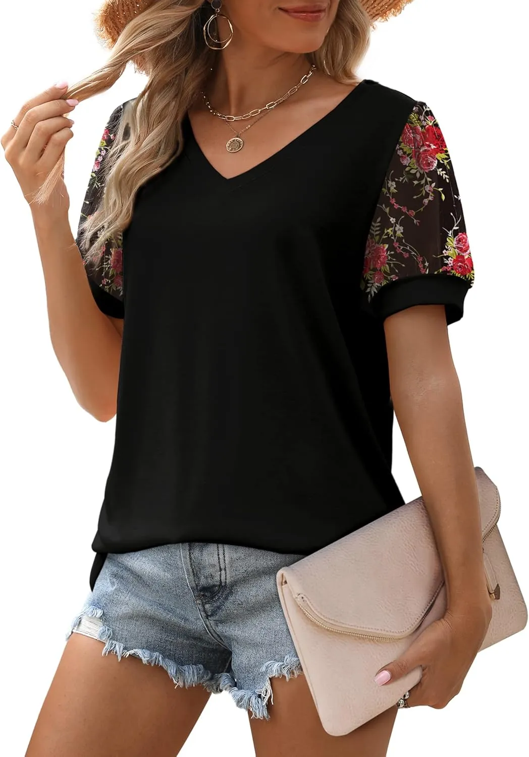 Aokosor Womens Summer Tops V Neck T Shirts Swiss Dot Puff Sleeve Tops Loose Casual Tshirts