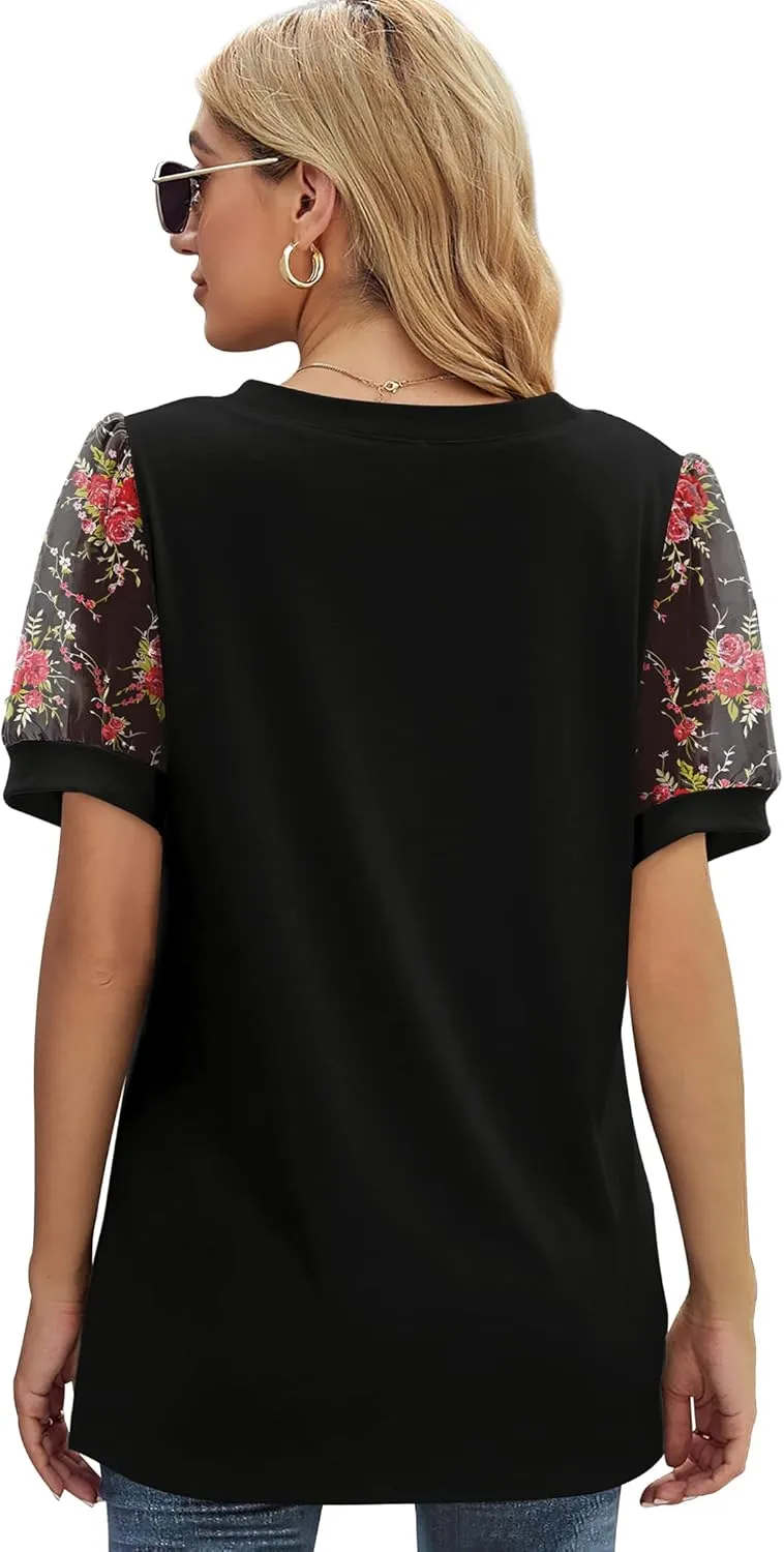 Aokosor Womens Summer Tops V Neck T Shirts Swiss Dot Puff Sleeve Tops Loose Casual Tshirts