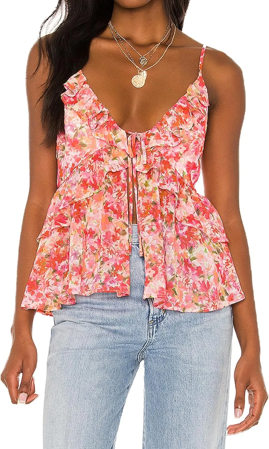 Awoscut Women Floral Camisoles Tops Sexy V Neck Backless Ruffle Hem Going Out Tops Cute Summer Y2K Teen Girls Camis