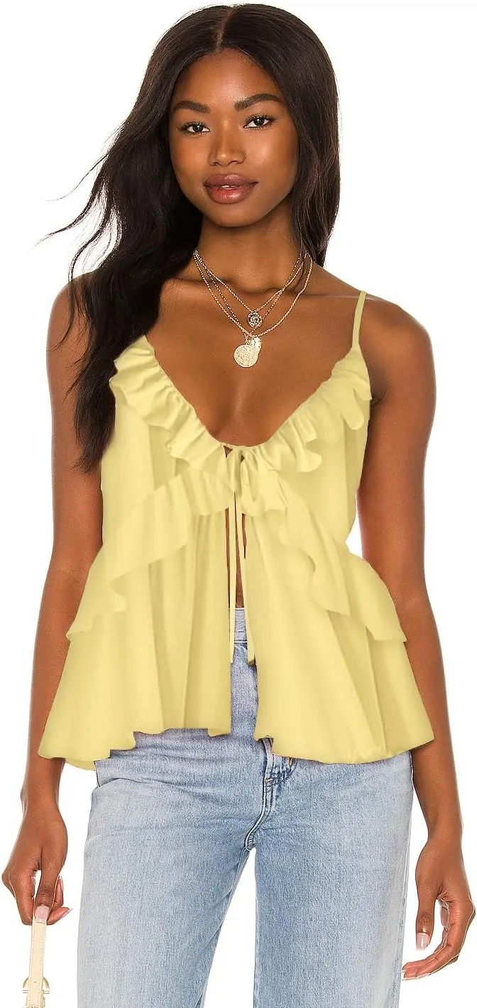 Awoscut Women Floral Camisoles Tops Sexy V Neck Backless Ruffle Hem Going Out Tops Cute Summer Y2K Teen Girls Camis