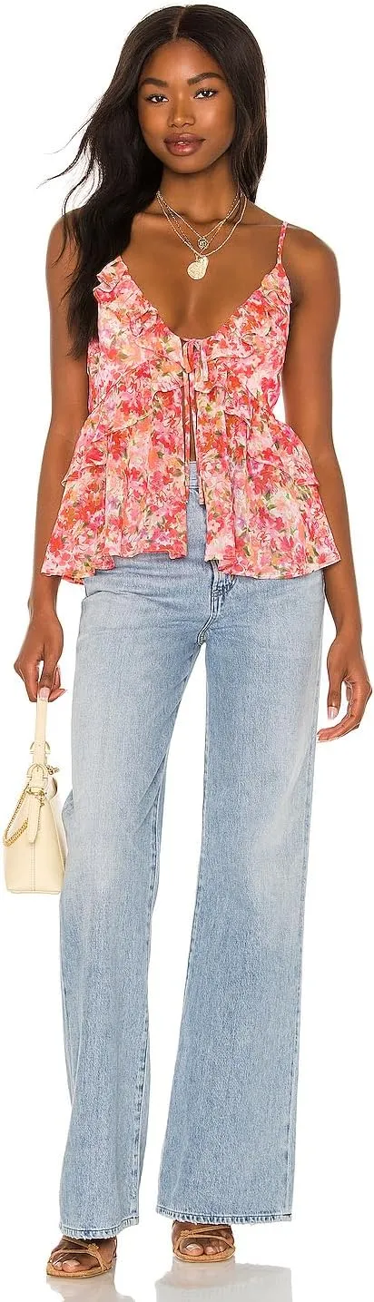 Awoscut Women Floral Camisoles Tops Sexy V Neck Backless Ruffle Hem Going Out Tops Cute Summer Y2K Teen Girls Camis