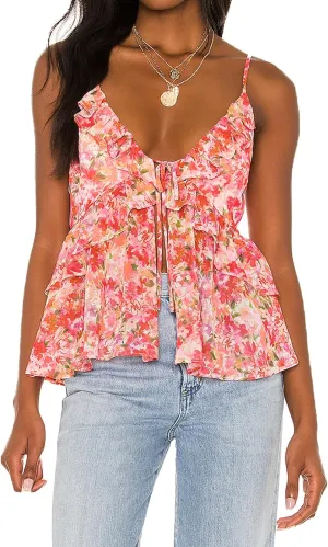 Awoscut Women Floral Camisoles Tops Sexy V Neck Backless Ruffle Hem Going Out Tops Cute Summer Y2K Teen Girls Camis