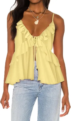 Awoscut Women Floral Camisoles Tops Sexy V Neck Backless Ruffle Hem Going Out Tops Cute Summer Y2K Teen Girls Camis