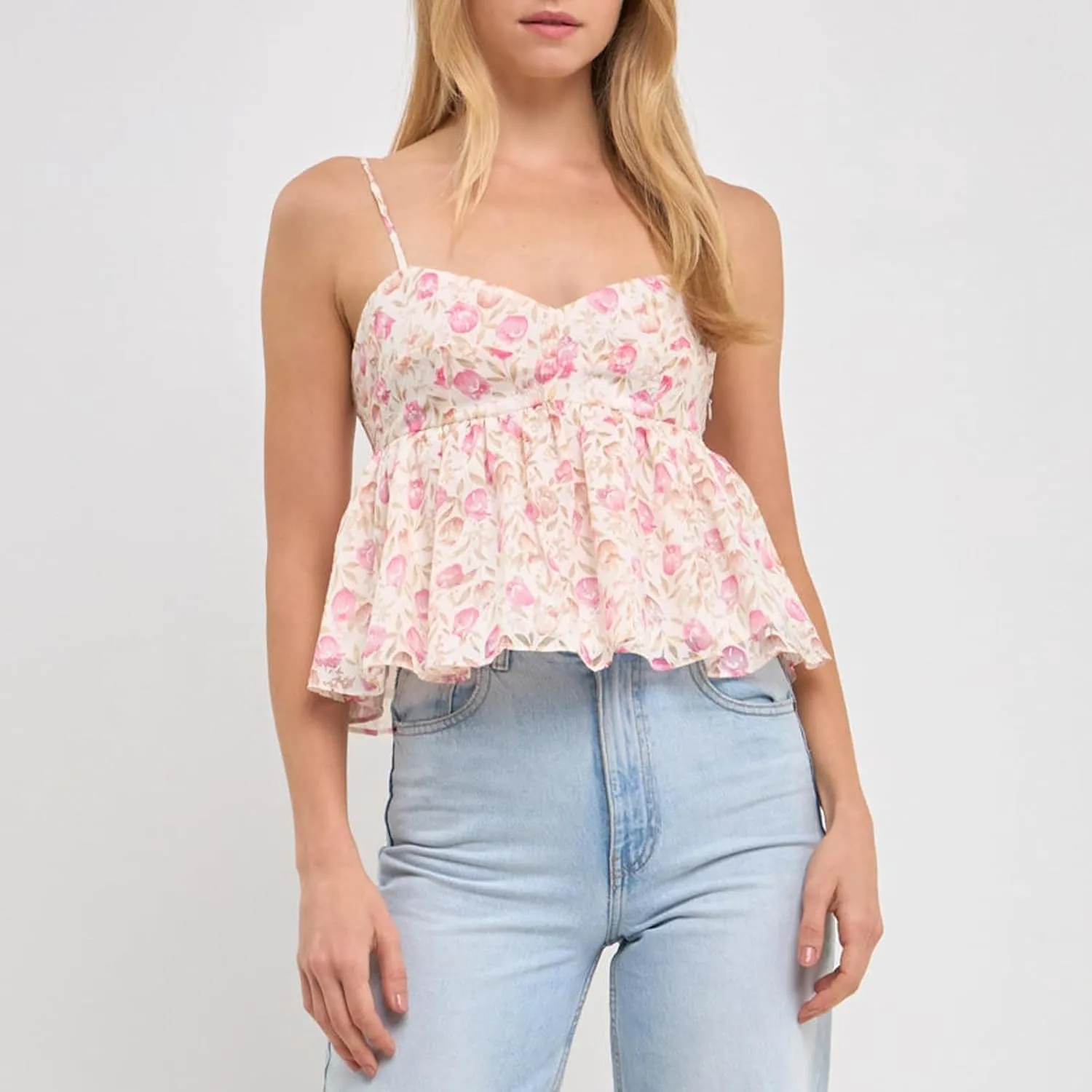 Awoscut Women Floral Camisoles Tops Sexy V Neck Backless Ruffle Hem Going Out Tops Cute Summer Y2K Teen Girls Camis