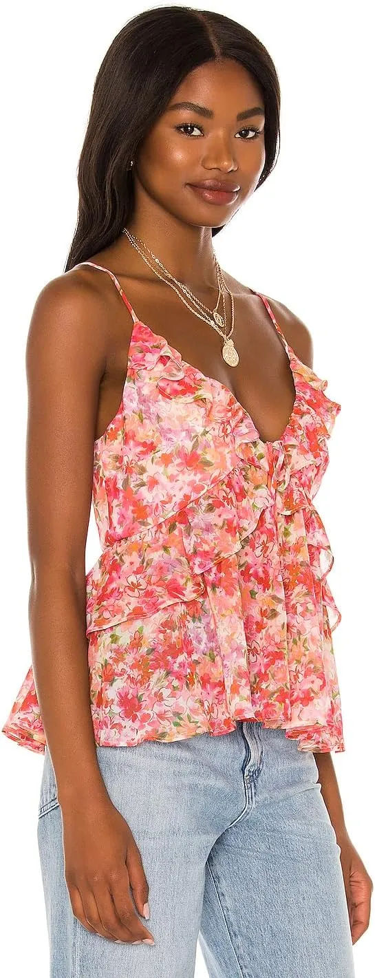 Awoscut Women Floral Camisoles Tops Sexy V Neck Backless Ruffle Hem Going Out Tops Cute Summer Y2K Teen Girls Camis