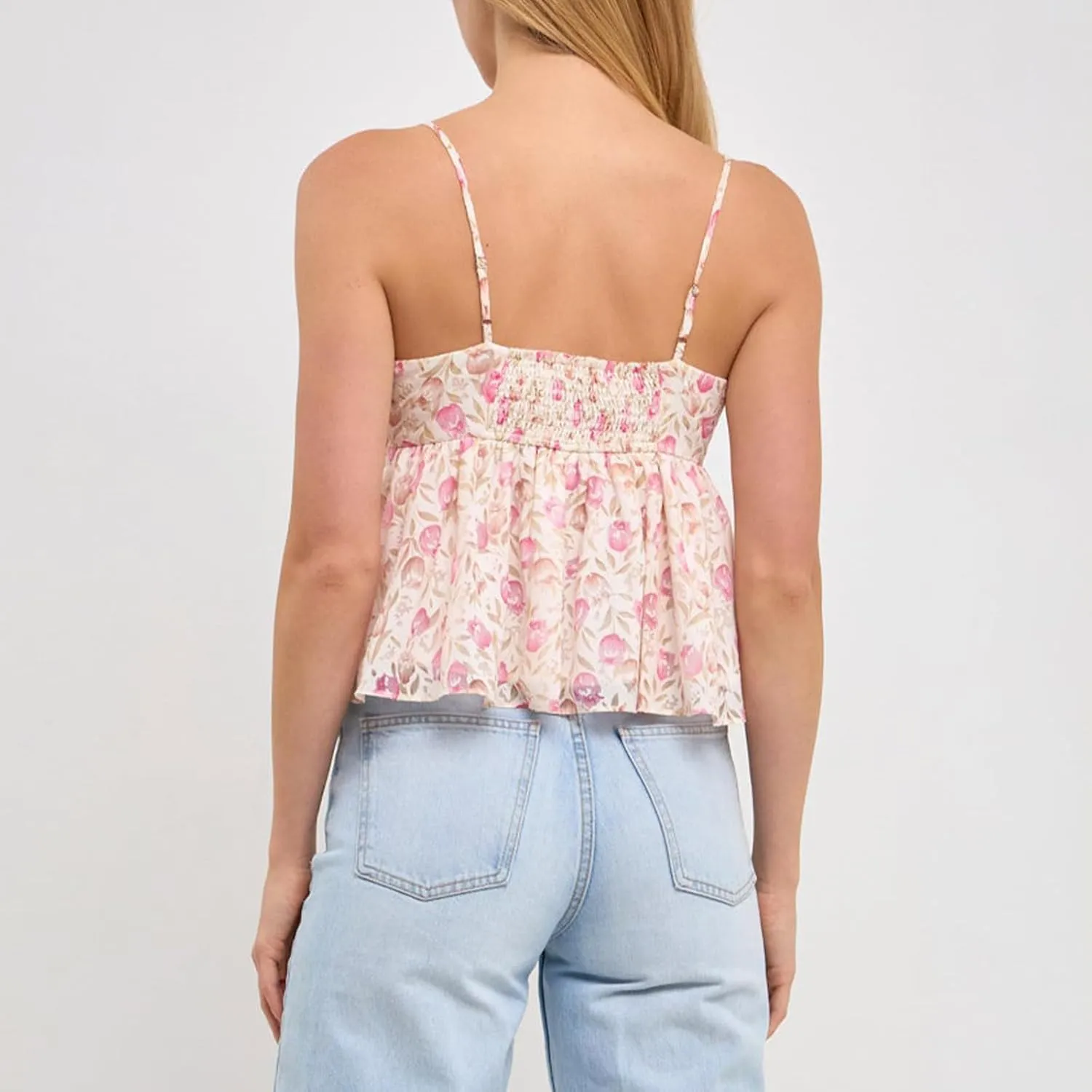 Awoscut Women Floral Camisoles Tops Sexy V Neck Backless Ruffle Hem Going Out Tops Cute Summer Y2K Teen Girls Camis