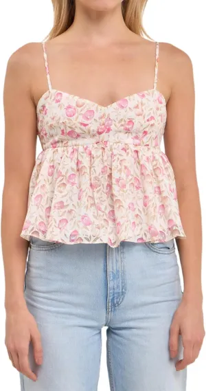 Awoscut Women Floral Camisoles Tops Sexy V Neck Backless Ruffle Hem Going Out Tops Cute Summer Y2K Teen Girls Camis