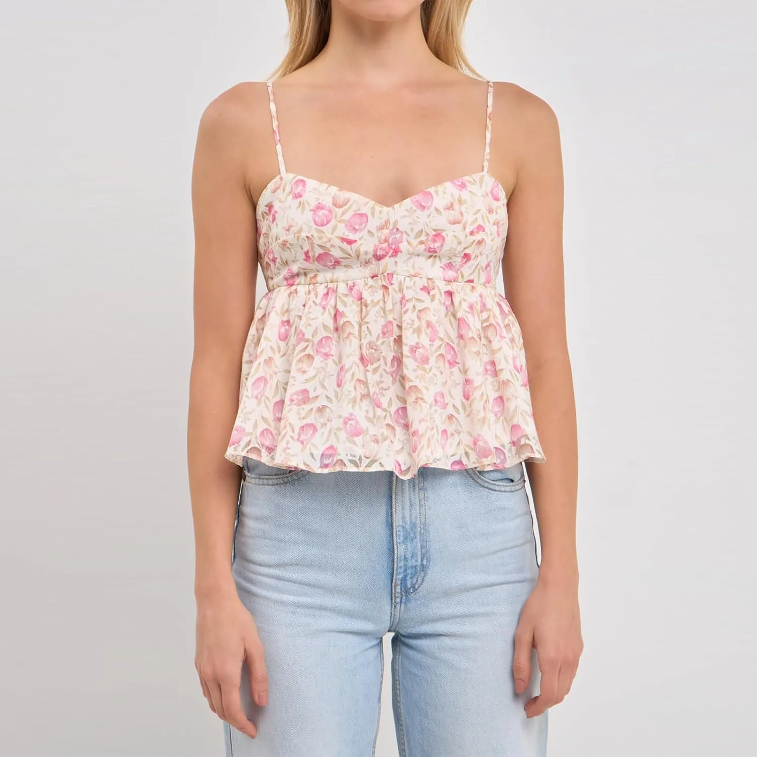 Awoscut Women Floral Camisoles Tops Sexy V Neck Backless Ruffle Hem Going Out Tops Cute Summer Y2K Teen Girls Camis