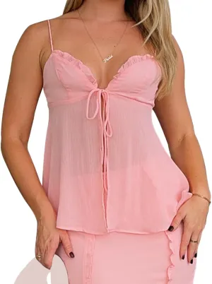 Awoscut Women Floral Camisoles Tops Sexy V Neck Backless Ruffle Hem Going Out Tops Cute Summer Y2K Teen Girls Camis