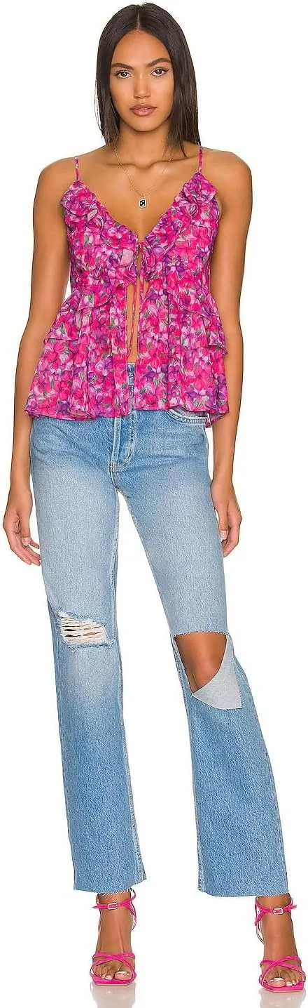 Awoscut Women Floral Camisoles Tops Sexy V Neck Backless Ruffle Hem Going Out Tops Cute Summer Y2K Teen Girls Camis