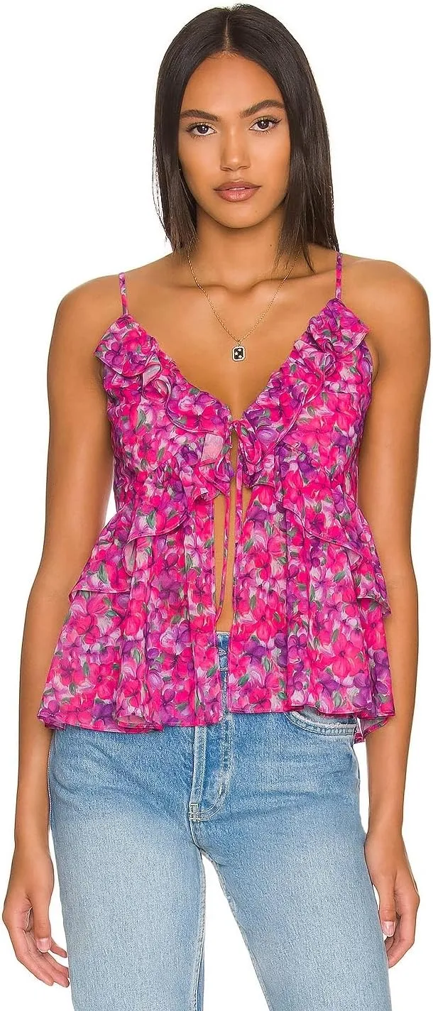 Awoscut Women Floral Camisoles Tops Sexy V Neck Backless Ruffle Hem Going Out Tops Cute Summer Y2K Teen Girls Camis