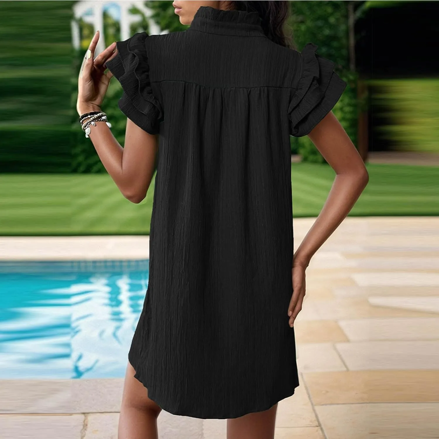 Binmer Women's 2024 Summer Mini Dress Texture Casual Ruffle Sleeve V Neck Loose Tunic Dress Loose Fit Solid Beach Sundresses