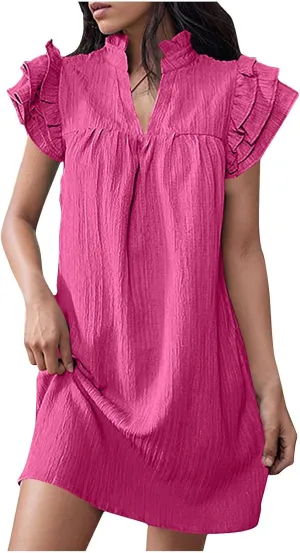 Binmer Women's 2024 Summer Mini Dress Texture Casual Ruffle Sleeve V Neck Loose Tunic Dress Loose Fit Solid Beach Sundresses