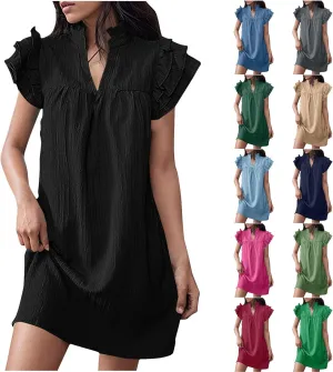 Binmer Women's 2024 Summer Mini Dress Texture Casual Ruffle Sleeve V Neck Loose Tunic Dress Loose Fit Solid Beach Sundresses