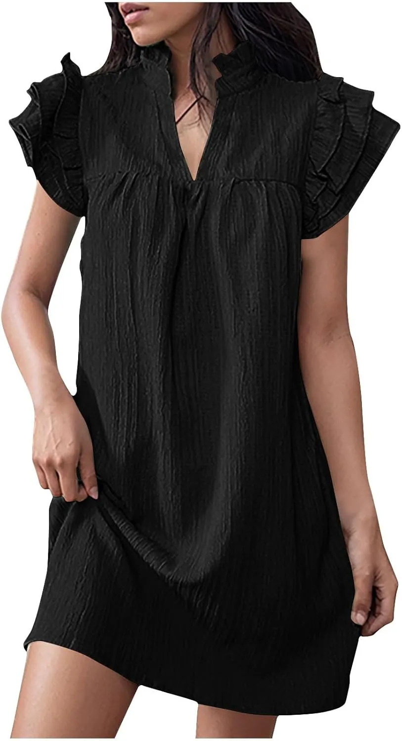 Binmer Women's 2024 Summer Mini Dress Texture Casual Ruffle Sleeve V Neck Loose Tunic Dress Loose Fit Solid Beach Sundresses