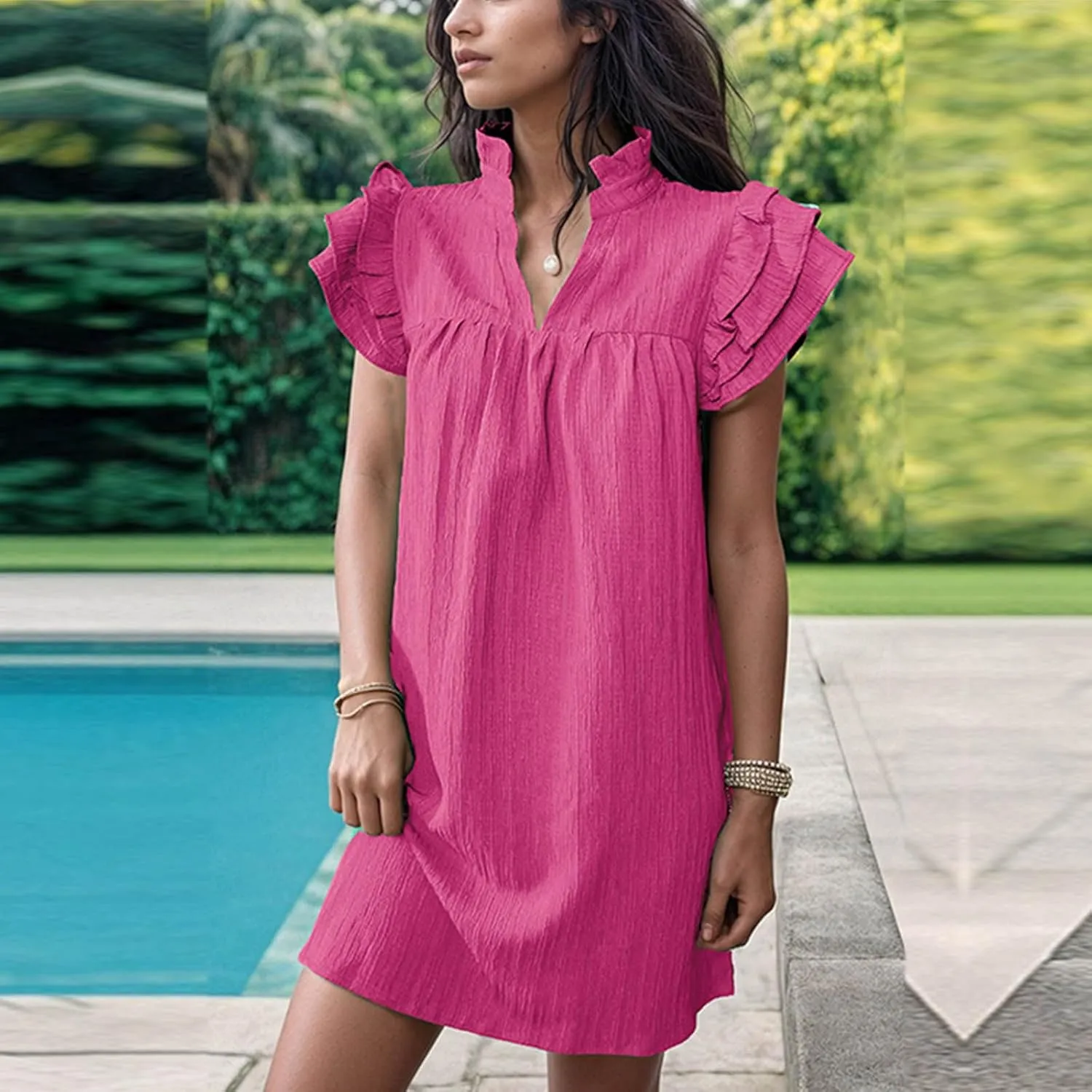 Binmer Women's 2024 Summer Mini Dress Texture Casual Ruffle Sleeve V Neck Loose Tunic Dress Loose Fit Solid Beach Sundresses
