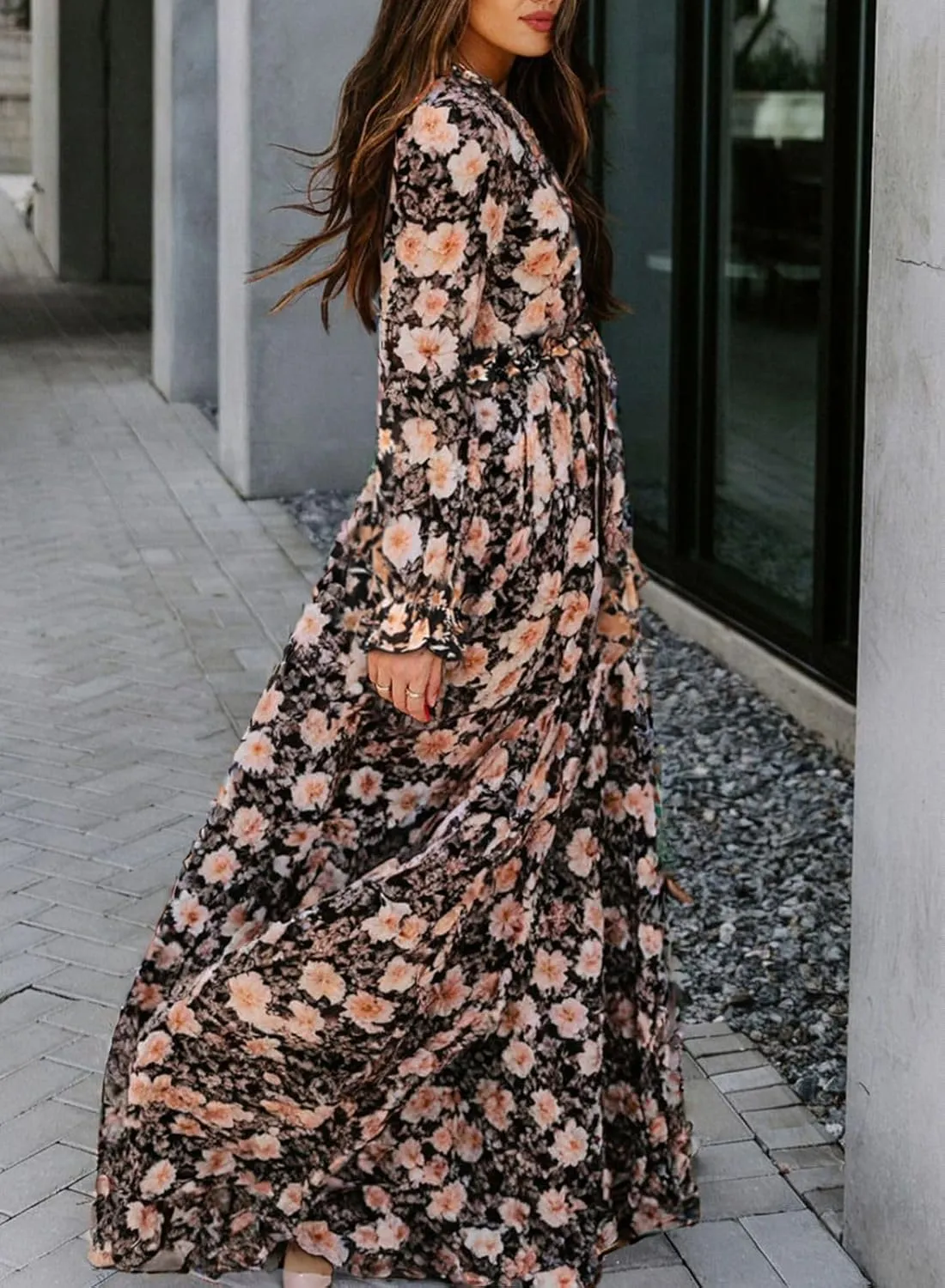 BLENCOT Womens Casual Boho Deep V Neck Short Sleeve Long Dress