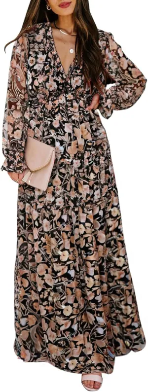 BLENCOT Womens Casual Boho Deep V Neck Short Sleeve Long Dress