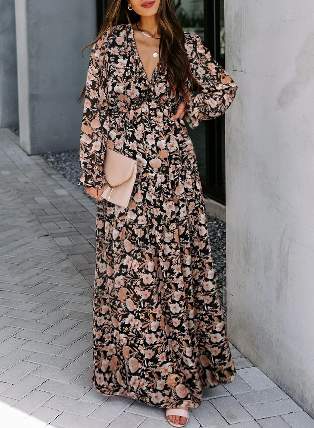 BLENCOT Womens Casual Boho Deep V Neck Short Sleeve Long Dress
