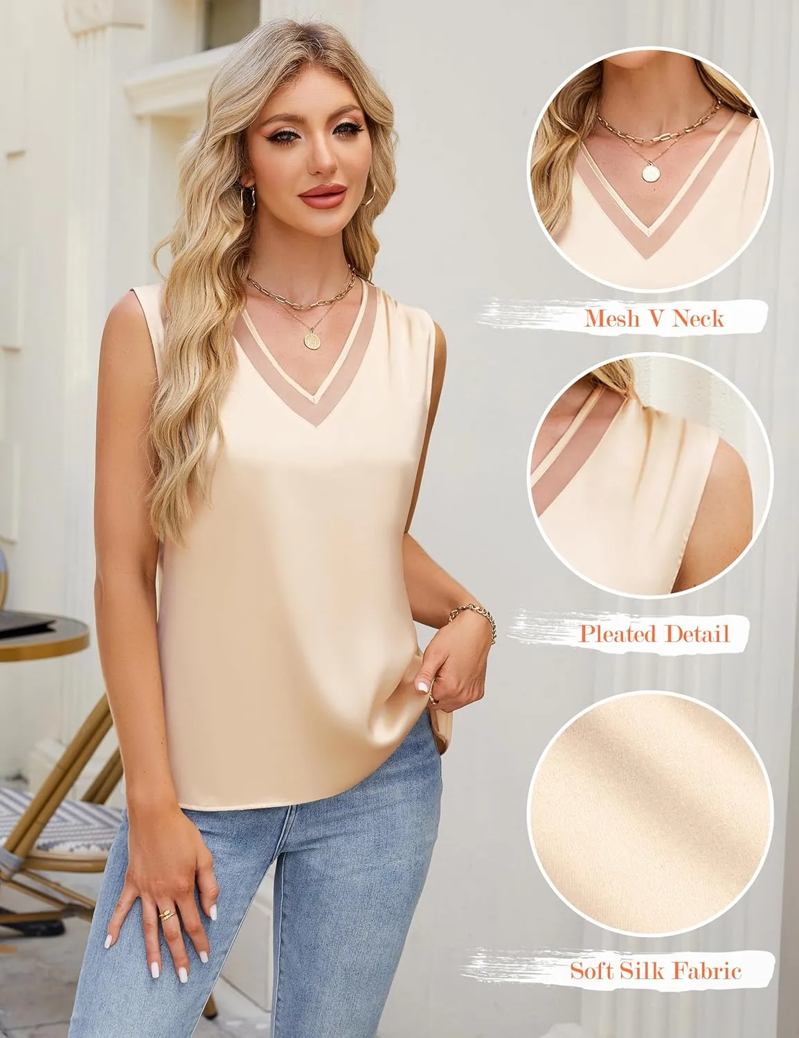Blooming Jelly Womens Silk Business Dressy Casual Tank Tops Mesh V Neck Sleeveless Summer Blouse Work Pleated Outfits