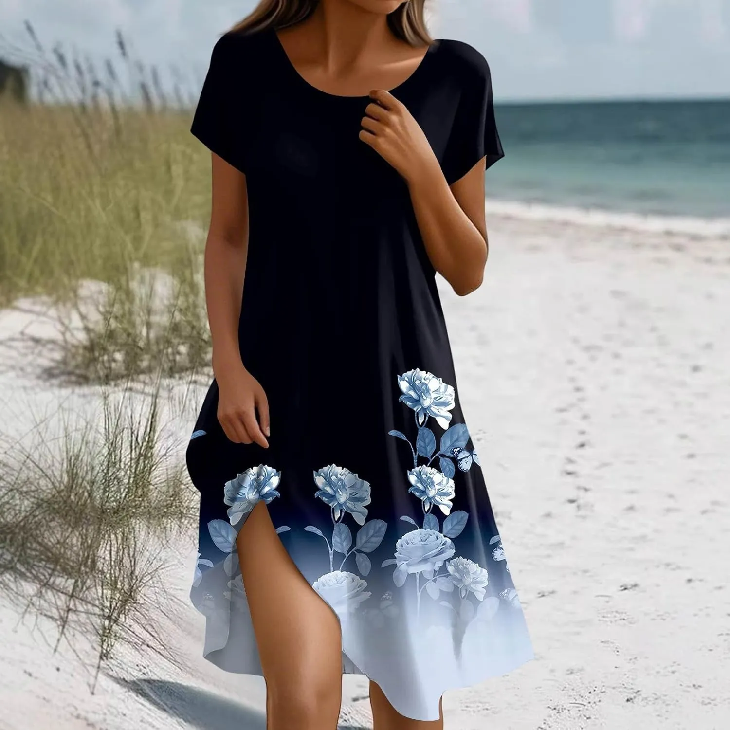Boho Dresses for Women 2025 Summer Beach Vacation Floral Dress Flowy Elegant Short Sleeve Crewneck Sundresses