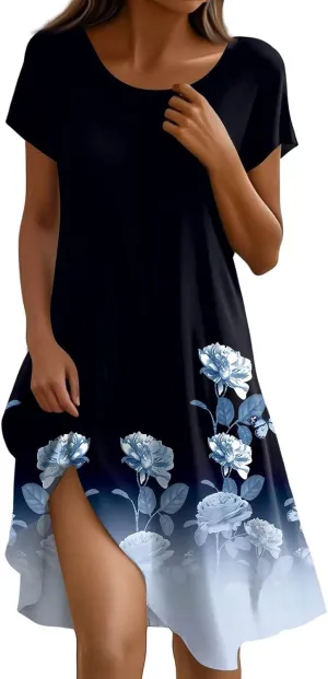 Boho Dresses for Women 2025 Summer Beach Vacation Floral Dress Flowy Elegant Short Sleeve Crewneck Sundresses