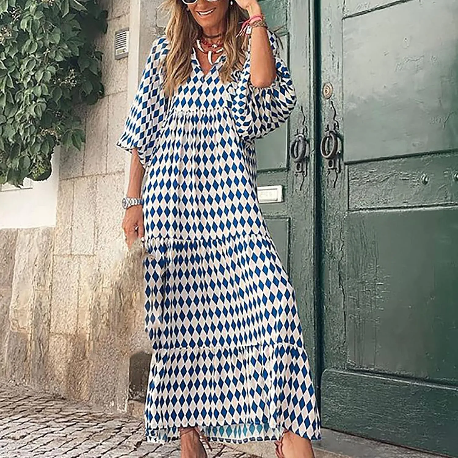 Boho Dresses for Women Summer Puff Half Sleeve V Neck Beach Vacation Dresses Casual Flowy Tiered Sundress Maxi Dress