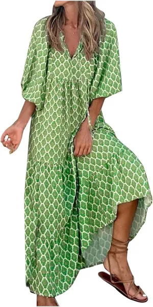 Boho Dresses for Women Summer Puff Half Sleeve V Neck Beach Vacation Dresses Casual Flowy Tiered Sundress Maxi Dress