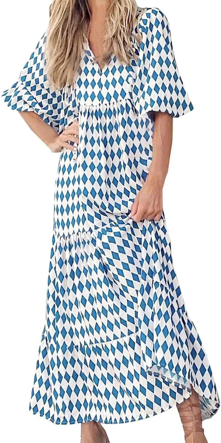 Boho Dresses for Women Summer Puff Half Sleeve V Neck Beach Vacation Dresses Casual Flowy Tiered Sundress Maxi Dress