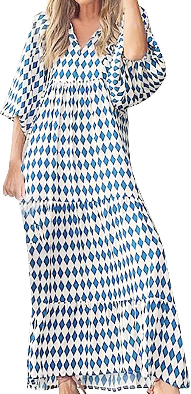 Boho Dresses for Women Summer Puff Half Sleeve V Neck Beach Vacation Dresses Casual Flowy Tiered Sundress Maxi Dress