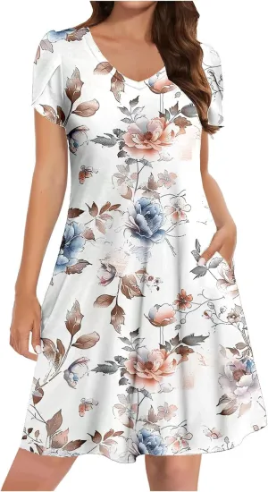 Boho Floral Dress for Women 2025 Summer Trendy Petal Sleeve V-Neck Mini Dresses Beach Vacation Sundress