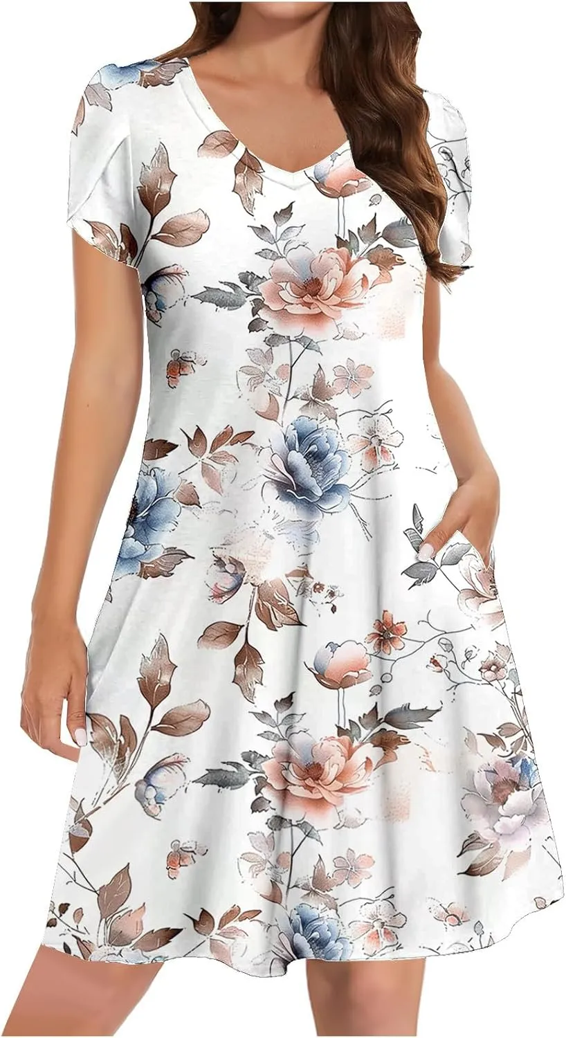 Boho Floral Dress for Women 2025 Summer Trendy Petal Sleeve V-Neck Mini Dresses Beach Vacation Sundress