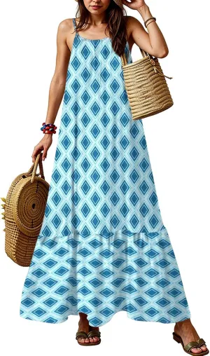 Boho Sun Dresses for Women 2025 Vacation Casual Summer Spaghetti Strap Maxi Dress Beach Bohemian Long Flowy Dress
