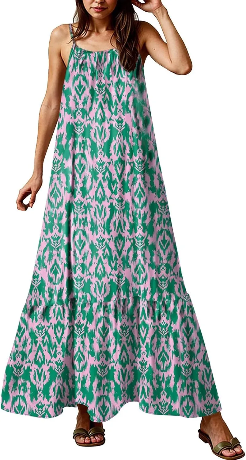 Boho Sun Dresses for Women 2025 Vacation Casual Summer Spaghetti Strap Maxi Dress Beach Bohemian Long Flowy Dress
