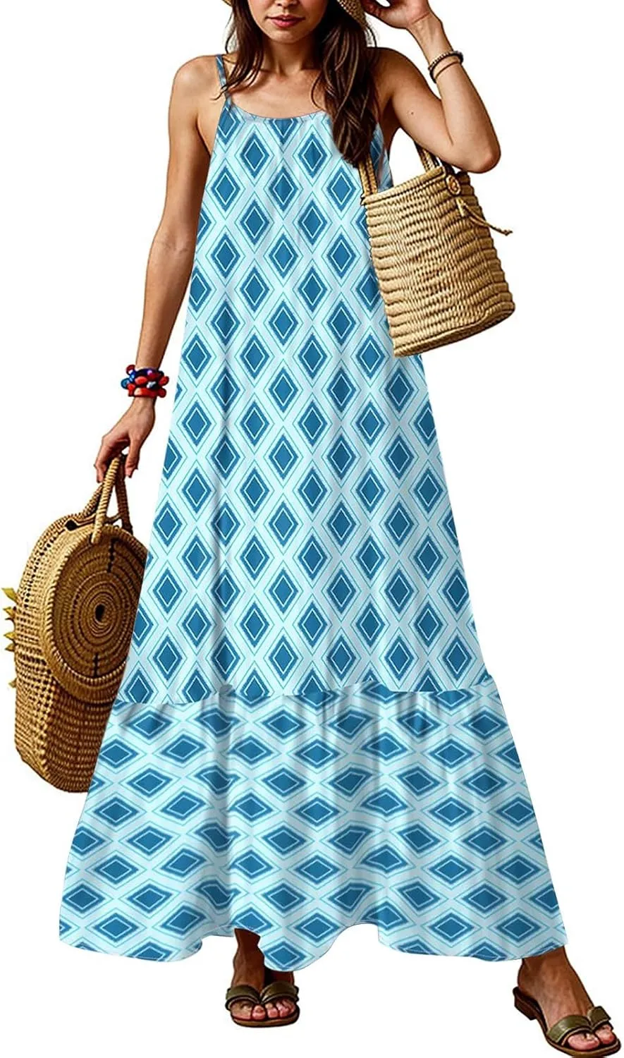 Boho Sun Dresses for Women 2025 Vacation Casual Summer Spaghetti Strap Maxi Dress Beach Bohemian Long Flowy Dress